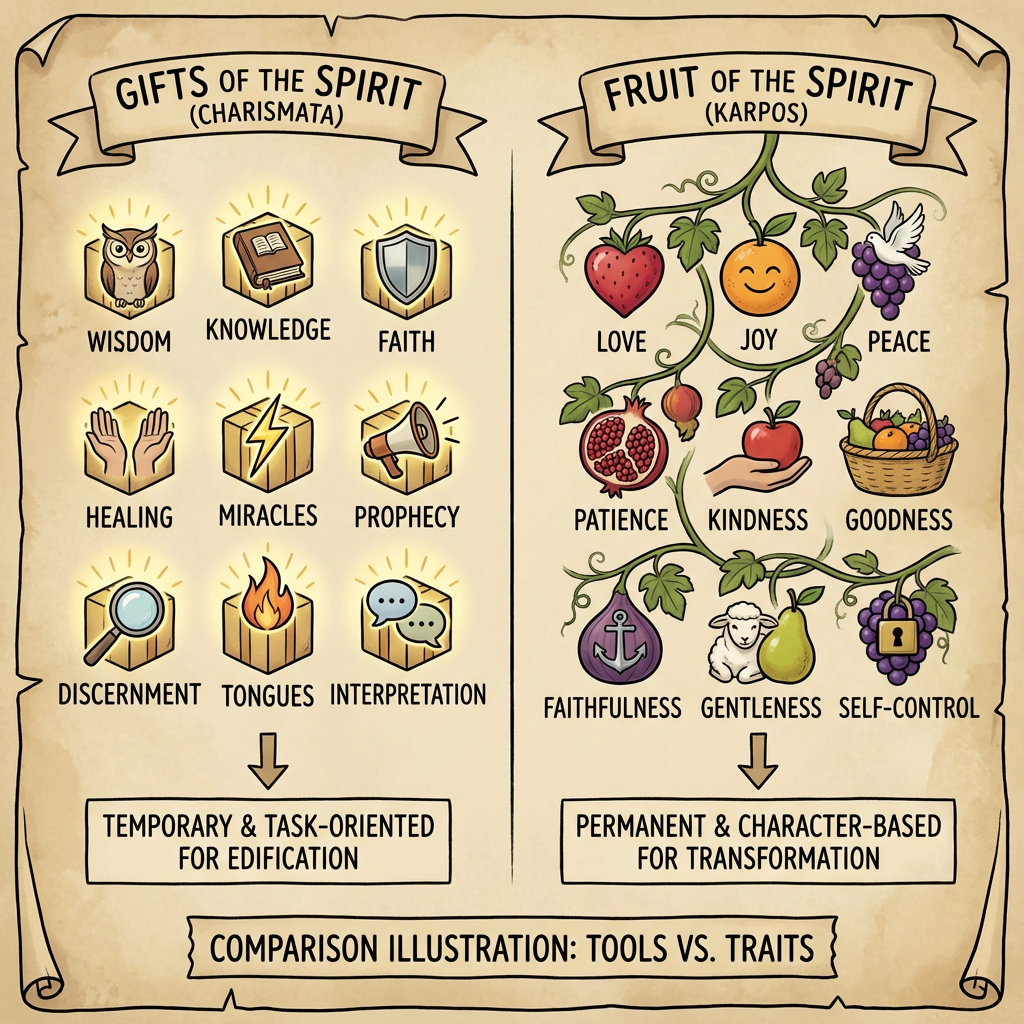 Infographic titled GIFTS OF THE SPIRIT (CHARISMATA) vs FRUIT OF THE SPIRIT (KARPOS). Gifts include WISDOM, KNOWLEDGE, FAITH, HEALING, MIRACLES, PROPHECY, DISCERNMENT, TONGUES, INTERPRETATION; described as TEMPORARY & TASK-ORIENTED FOR EDIFICATION. Fruits include LOVE, JOY, PEACE, PATIENCE, KINDNESS, GOODNESS, FAITHFULNESS, GENTLENESS, SELF-CONTROL; described as PERMANENT & CHARACTER-BASED FOR TRANSFORMATION. Bottom text: COMPARISON ILLUSTRATION: TOOLS VS. TRAITS.