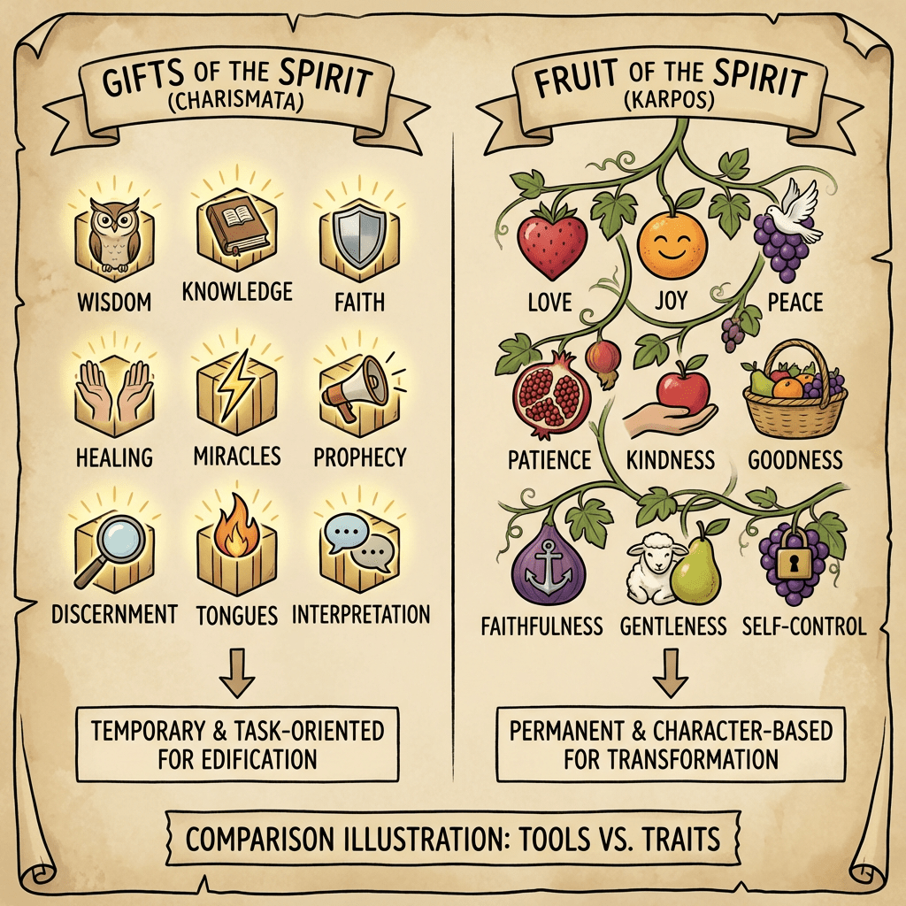 Infographic titled GIFTS OF THE SPIRIT (CHARISMATA) vs FRUIT OF THE SPIRIT (KARPOS). Gifts include WISDOM, KNOWLEDGE, FAITH, HEALING, MIRACLES, PROPHECY, DISCERNMENT, TONGUES, INTERPRETATION; described as TEMPORARY & TASK-ORIENTED FOR EDIFICATION. Fruits include LOVE, JOY, PEACE, PATIENCE, KINDNESS, GOODNESS, FAITHFULNESS, GENTLENESS, SELF-CONTROL; described as PERMANENT & CHARACTER-BASED FOR TRANSFORMATION. Bottom text: COMPARISON ILLUSTRATION: TOOLS VS. TRAITS.